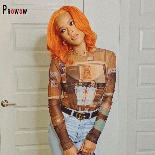 Prowo Mesh See Through Women Tops Clothes 2021 New Long Sleeve Summer Fall Shirts for Woman Fashion Print O-neck Streetwear