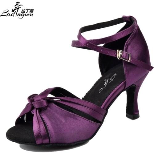 Ladingwu Free Shipping Purple Ribbon Knot Latin Woman Salsa Dancing Shoes Soft Bottom Ballroom Dance Shoes Women Satin