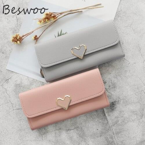 Womens Wallet New PU Leather Heart-Shaped Decoration Clutch Long Card Holder Mobile Phone Wallet for Women Buckle Purse Clutch