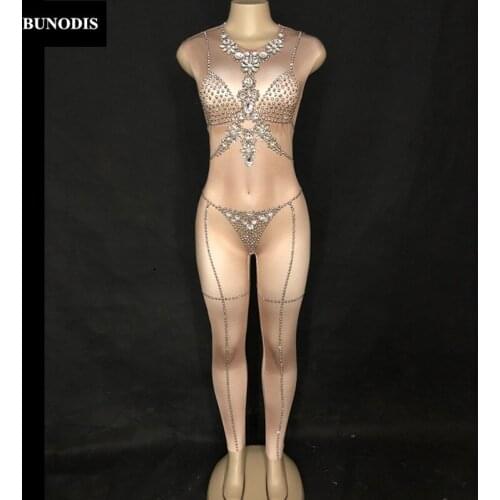 ZD383 Women Sexy Skin Color Jumpsuit & Pink Cloak Sparkling Crystals Bodysuit Nightclub Party Dancer Singer Stage Wear Costumes
