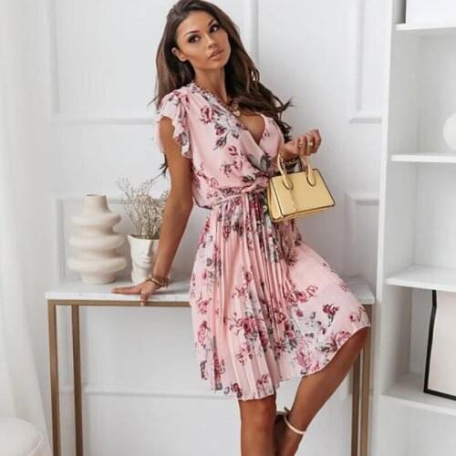 New Платья Summer Chiffon Ruffles Sleeve Floral Print Mini Dress Casual Deep V Neck Dresses For Women 2021 Vestidos Mujer Verano