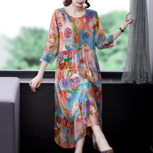 Spring Autumn Casual Floral Mulberry Silk Dresses 2021 Vintage 4XL Plus Size Chiffon Midi Dress Women Elegant Bodycon Vestidos
