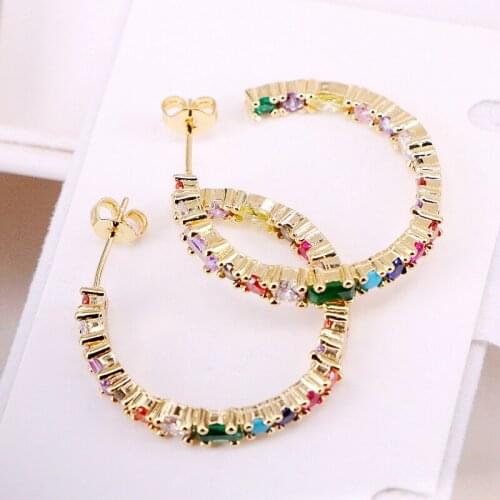 3Pairs, Rainbow Micro Pave CZ Gold Filled Girl Women Jewelry Colorful Crystal Zirconia New Circle Stud Earring
