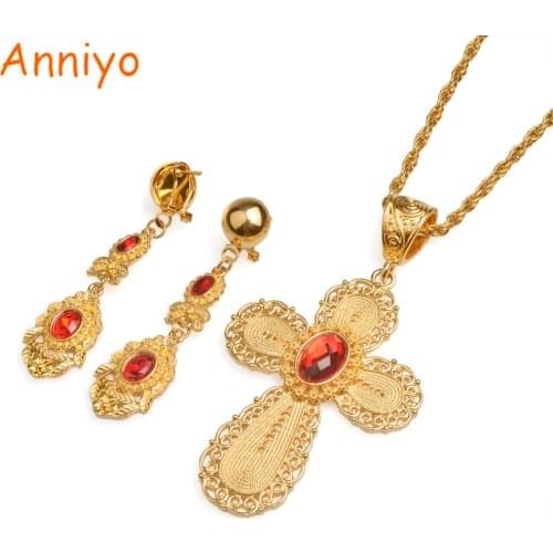 Anniyo Ethiopian Big Cross set Jewelry Gold Color Habesha Pendant Necklace Earrings Eritrean Africa Wedding Gift #071906