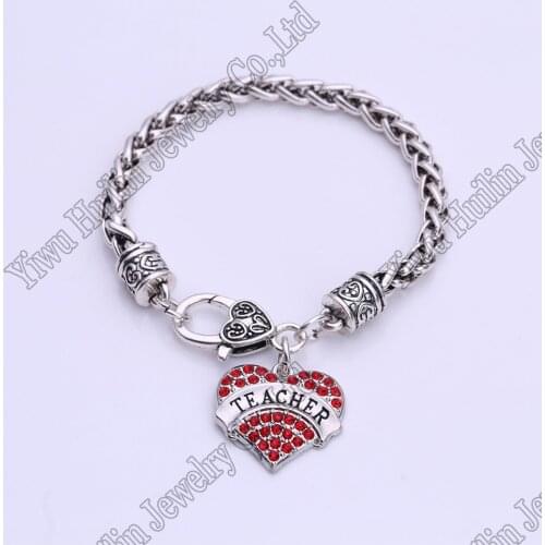 TEACHER Heart Love Clear Rhinestone Heart Charm Bracelet Wristband