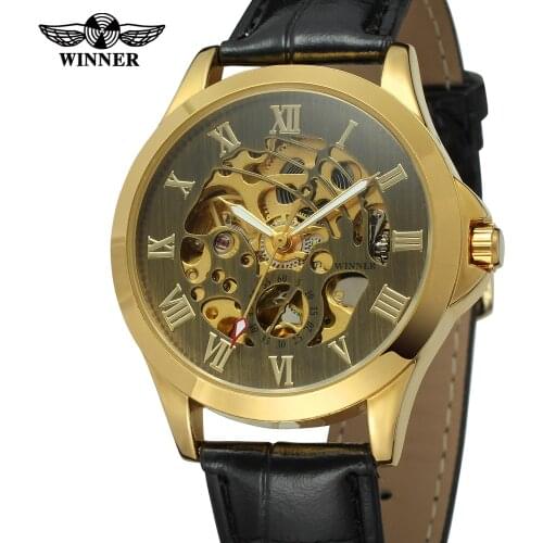 WINNER Top Brand Mens Automatic Watch Classic Black Leather Skeleton Analogue Luxury Wrist Watches Clock Relogio Masculino