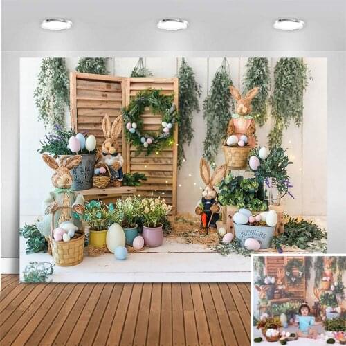 Easter Bunny Photography Background Newborn Kids Backdrop Eggs Florals Theme Pink Wood Board Wreath Fesival Photo Studio Drops