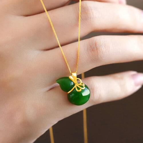 Natural Hetian Jade Green Jade Pendant Gourd S925 Sterling Silver Pendant Womens Necklace Hanging Ornament Pendant Clavicle Cha