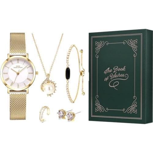 IBSO Gold Watch Set Gift For Women Stainless Steel Strap Japanese Movement Natural Pearl Necklace Zircon Earrings And Bracelet