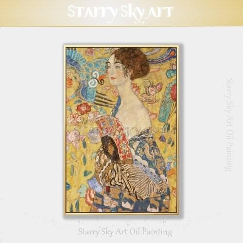 Reproduction Famous Gustav Klimt Oil Painting Lady with a Fan Oil Painting on Canvas Handmade Gustav Klimt Portrait Oil Painting