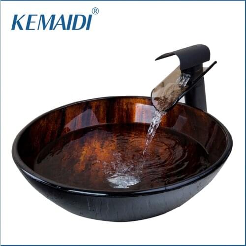 KEMAIDI New Brand Tempered Glass Basin Sink Oil Rubbed Bronze Waterfall Faucet Tap Bathroom Water Drain Bathroom Sink Set