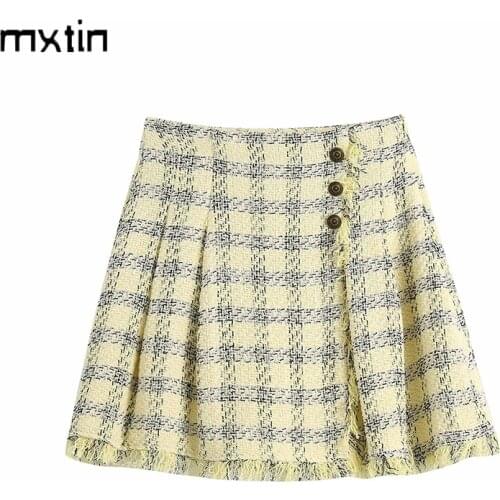 MXTIN 2021 Women Summer Fashion Plaid Folds Mini Skirt Vintage Button Streetwear Ladies Short Skirts Casual Faldas Vestido Mujer