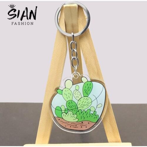 New Terrarium Cactus Aloe Acrylic Keychain Potted Green Plant Double-Sided Car Keyring Unisex Fashion Jewelry Accessories Gifts