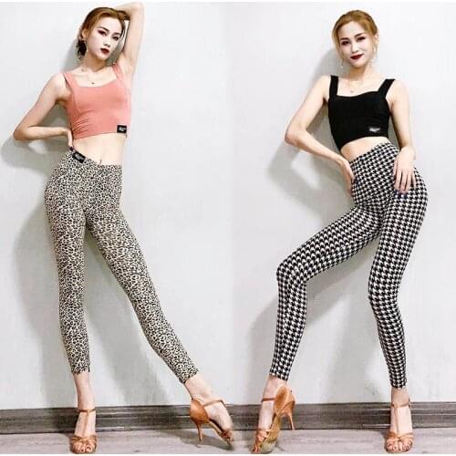 Latin Dance Clothes Houndstooth Leopard Print Pants Stretch Long Sling Top With Chest Pad Samba Tango Latin Dance Wear DN9088