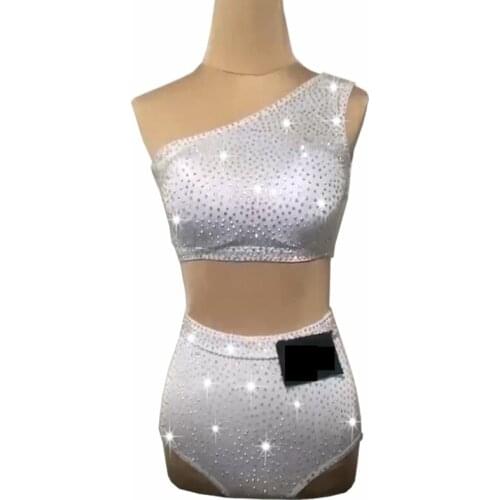 Latin Dance Clothes Women Performance Dance Wear White Rhinestone Tops High Waist Shorts Salsa Bar Pole Dance Clothing BL4272