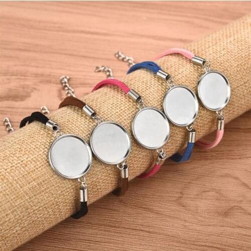 20pcs 20mm Leather Bracelet Base Silver Plated Diy Blanks Tray Bezel Setting Round Cabochon Cameo For Bracelet Jewelry Marking