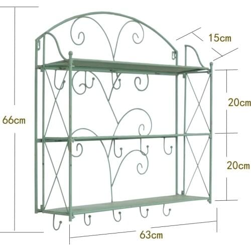 Portable 3 layers retro vintage green metal wall shelving with hooks