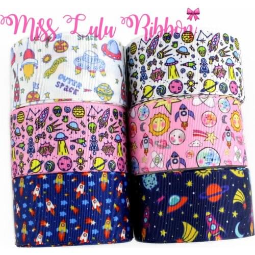 16mm-75mm Outer Space Series Rocket UFO Printed Grosgrain/Foe Ribbon DIY Party Hair Bowknots Making 50yards/roll