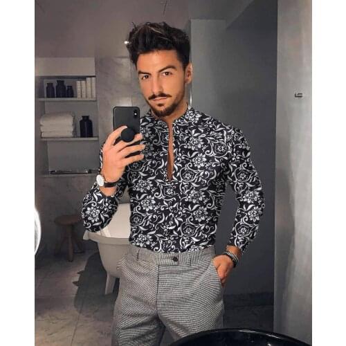 2021 Camisas florales de manga larga de Otoño para hombres camisas estampadas con flores de corte delgado para hombres camisola