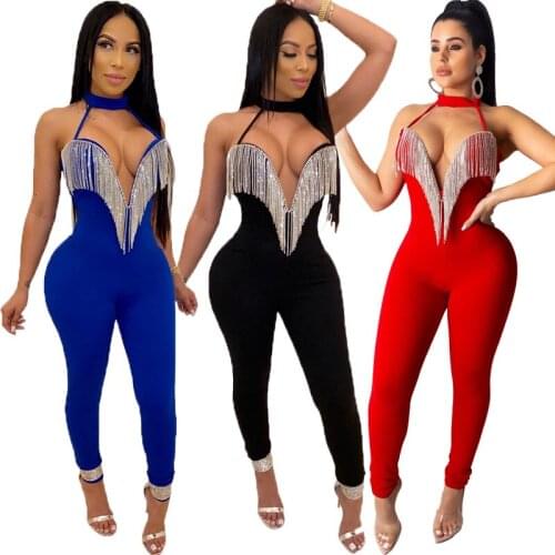 Sexy Deep V Neck Tassel Jumpsuit Women Evening Party Club Bodysuit Elegant Sleeveless Backless Long Overalls Plus Size