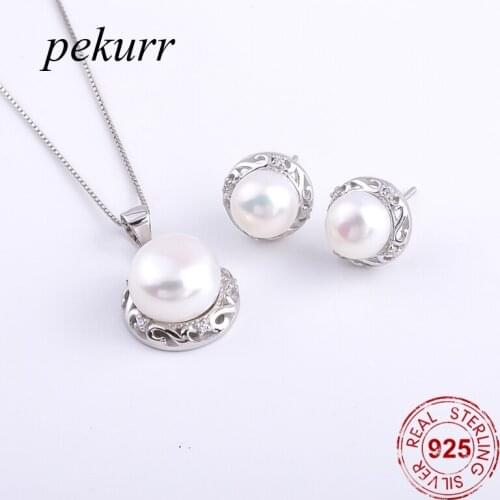 Pekurr 925 Sterling Silver Flower Pattern Edge Freshwater Natural Pearl Earrings Necklace Sets For Women Round Pendant Jewelry