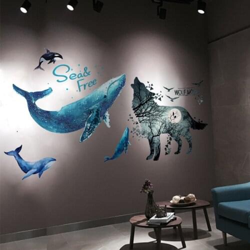 [shijuekongjian] Cartoon Whales Wall Stickers DIY Wolf Animal Mural Decals for House Kids Rooms Baby Bedroom Nursery Decoration