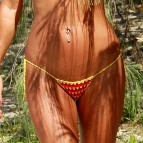 Hand crochet thong string Womens Mini Red And Yellow bikini micro swimwear Sunbathing bikini