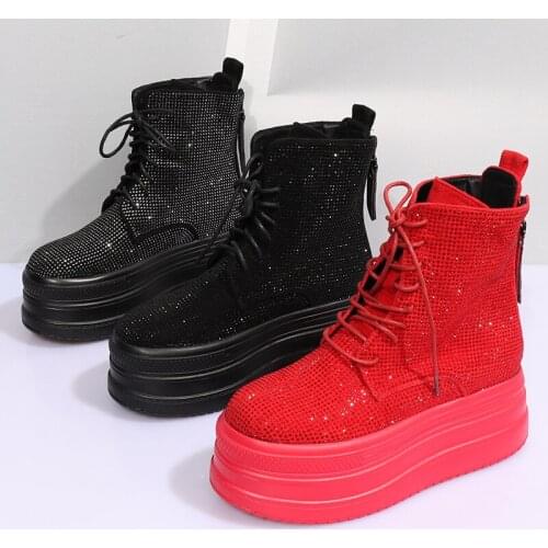 OLOMLB Womens Round Toe Rhinestones Crystal Platform Ankle Boots Wedge High Heel Punk Shoes Lace Up Motorcycle Bling 2020 New