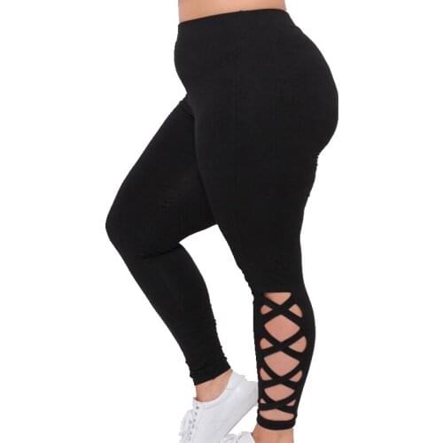 Plus Size Women Bandage Elastic Pants Pure Criss-Cross Hollow Out Soft Pants Trousers
