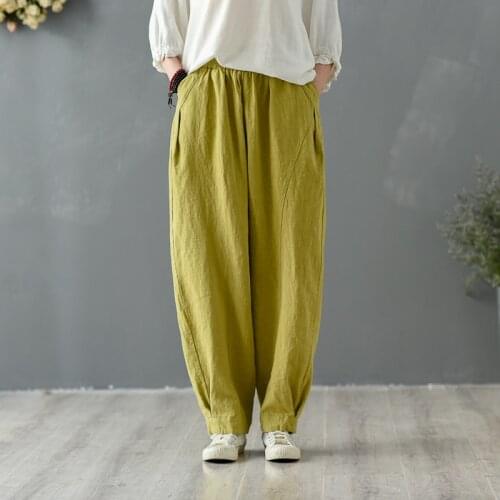 Johnature Women Cotton Linen Straight Pants Pockets 2021 New Spring Elastic Waist Patchwork Trouser Solid Color Vintage Pants