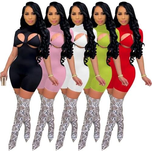 Sexy Hollow Out Body Playsuit Two Piece Set Women Casual Short Sleeve Biker Shorts Bodycon Club Romper Women Jumpsuit Outfits