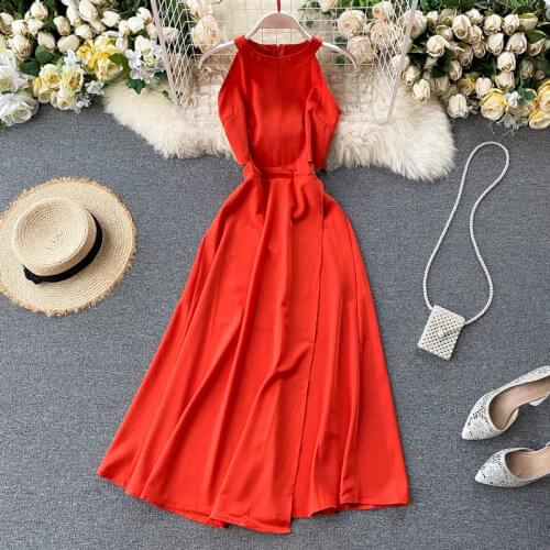Womens Summer Dress Retro Solid Color Round Neck Halter Neck Strapless Dress New Female Open End Big Swing Dresses HH207