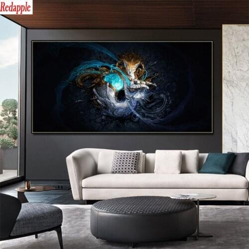 5D DIY Diamond Painting Living Room Decor Golden Silver Cat Crown Surreal Style Black And White Anime Full Square Round Drill