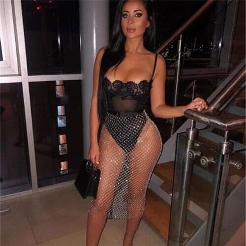 Shiny Rhinestone Fishnet Grid Empire Solid Mini Skirt Summer Beach Sexy Hollow Out Cover Up Luxury Celebrity Above Knee Skirts