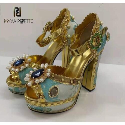 Open Toe Crystal Embroidery Luxury Party Platform Sandals Retro Color Matching Rhinestone Pearl Flower Super High Heel Sandals