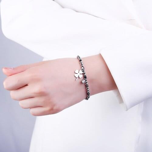 Stainless Steel Bracelets for Women Clover Tree of Life Crystal Charms Black Beaded Bracelet Adjustable Fashion Jewelry 2020