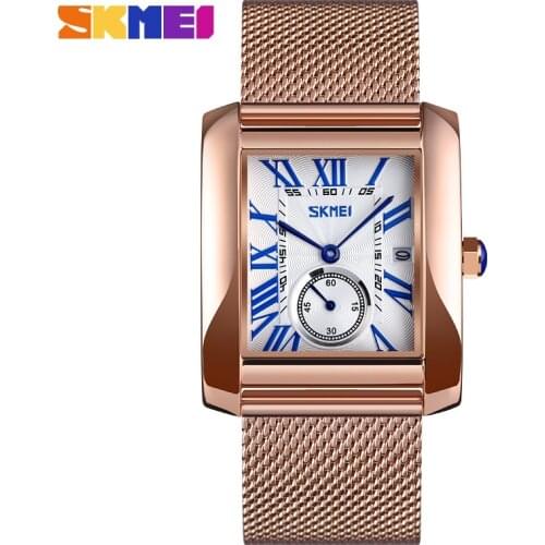 SKMEI 9191 Square Quartz Watch Women Business Watch Rose Steel Strap Couple Wristwatch Display Bracelet Clock Relogio Masculino