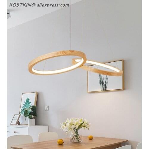 KOSTKING Wooden LED Pendant Lights For Dining Room two Wooden Round Lustre Wood Kitchen Luminaire Kitchen Hanging Lamp