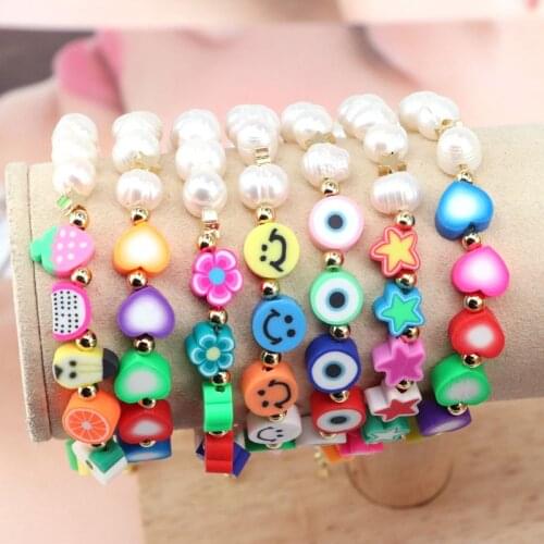 6Pcs, Boho Colorful Heart Flower Star Smiley Face Fruit Soft Polymer Clay Pearl Bracelet For Girls Elastic Beads Bracelet Woman