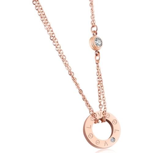 FIREBROS Rose Gold Color Stainless Steel Zircon Circle Pendant Necklace Women Choker Collar Jewelry Accessories Dropshipping