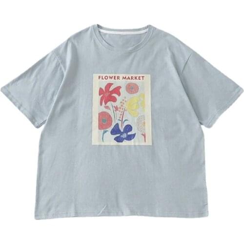 Flower oil painting print o-neck pullover short sleeve T-shirt