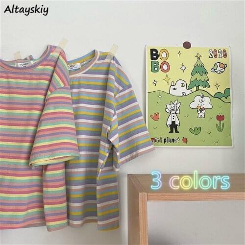 T-shirts Women Summer Cotton New Korean Loose Womens Crop Top Striped All-match Sweet Lovely Tees Colorful Preppy Girls T Shirt