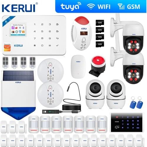 Tuya Kerui W181 Wireless Wifi GSM Home Alarm Kit APP Control Burglar Alarm System Solar Camera 3MP outdoor Cam Google Alexa