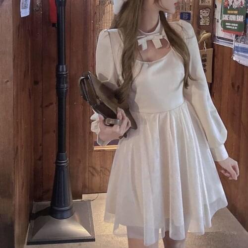 2021 Sweet Girl Summer Korea Sexy Woman Lace Patchwork Bow Dress Puff Sleeve Elegant Preppy Gentle Fairy All-Match Mini Dress