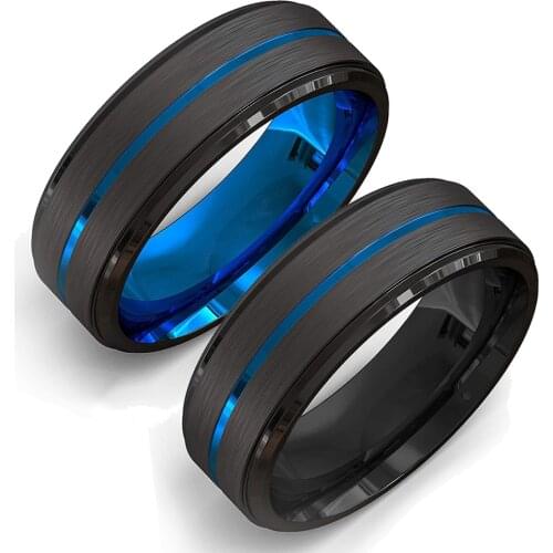 Fashion 8MM Black Brushed Ladder Edge Tungsten Carbide Men Ring Rainbow Blue Red Groove Wedding Band Ring Men’s Valentine Gift