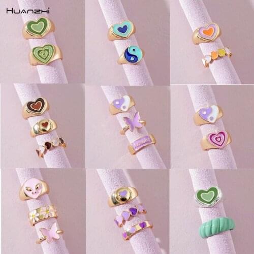 HUANZHI 2021 New Vintage Multicolor Dripping Oil Glaze Enamel Ring Sets Heart Yin Yang Metal Rings for Women Girls Party Jewelry