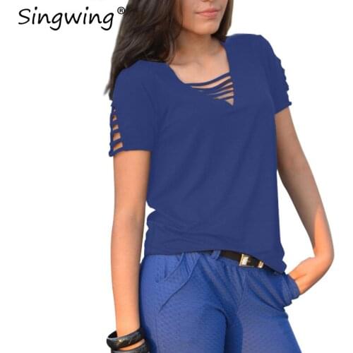 Singwing v-neck pure color shirt Blouse Summer Hollow Out Women short sleeves Blouses Bandage Casual female Shirts Tops