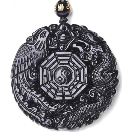 Natural Obsidian Taiji Bagua Pendant Necklace Charm Jewellery Fashion Accessories Hand-Carved man woman Luck Amulet Gifts