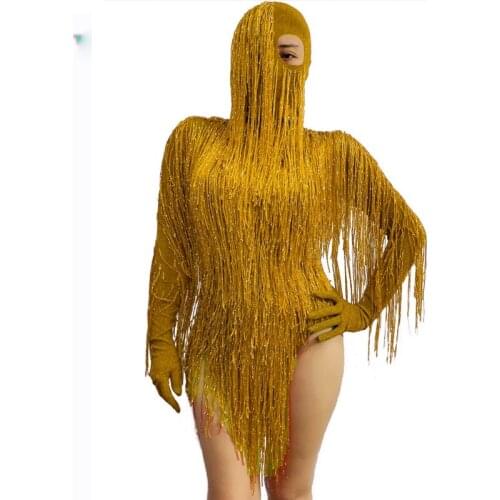 Female singer and dance group night performance costume Red gold tassel headgear one-piece suit party show costume