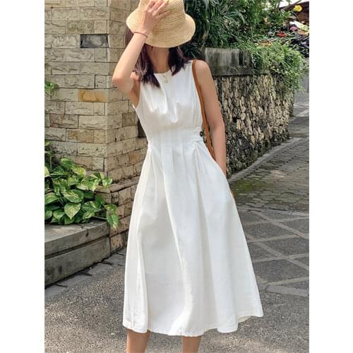 New Summer French Style Sleeveless Women Slim Fashion Tide Designer Runway Chic Casual White Dress